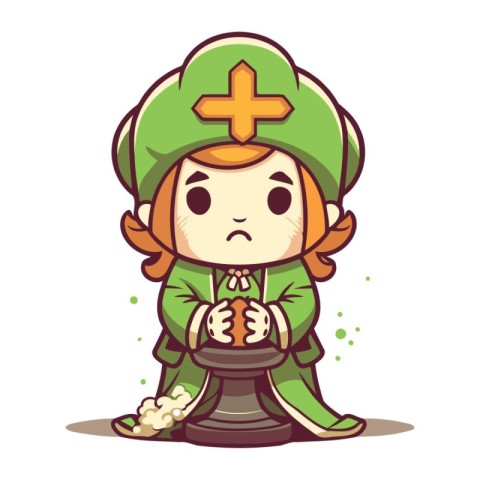 Leprechaun girl holding pot with christian cross vector illustra