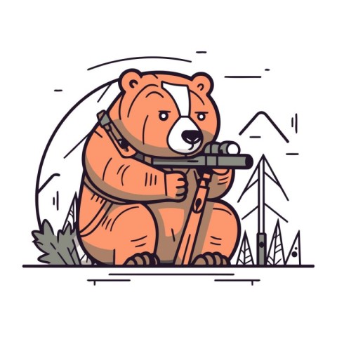 Vector illustration of cute bear with a gun in his hands. Linear