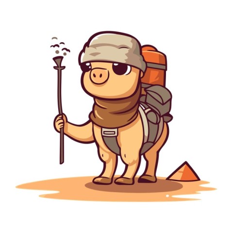 Vector illustration of a cute cartoon hiker with backpack and st