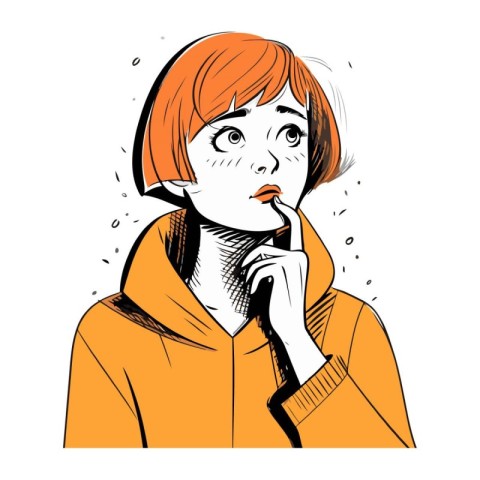 Vector illustration of a young woman in a yellow coat. thinking.