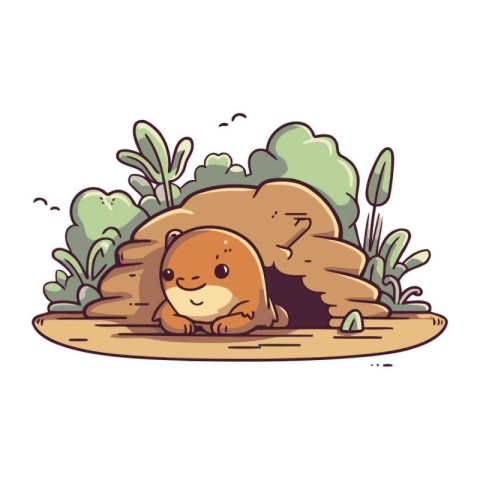 Cute cartoon beaver in a cave. Vector illustration. Wild animal.