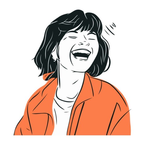 Vector illustration of a laughing woman in a coat on a white bac