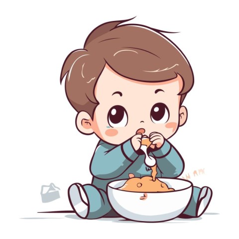 Cute little boy eating food. Vector illustration isolated on whi