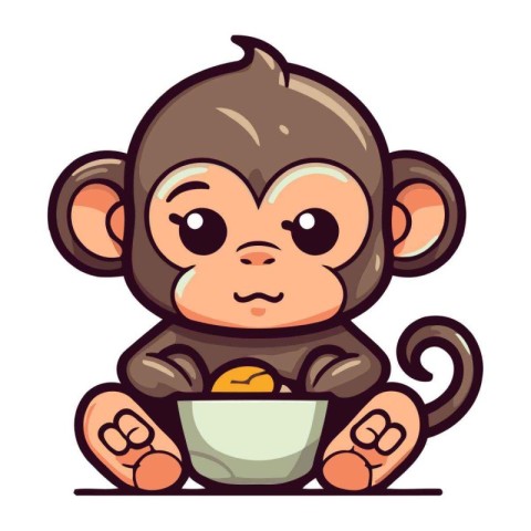 Cute cartoon monkey with a bowl of food. Vector illustration.