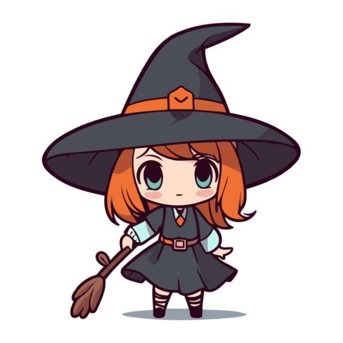 Cute little witch girl in halloween costume. Vector illustration