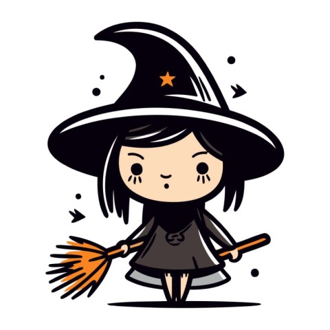 Cute little girl in witch costume with broom. Vector illustratio