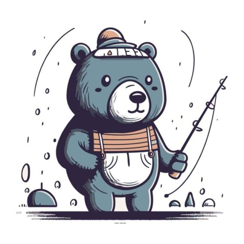 Cute bear with fishing rod. Vector illustration in cartoon style