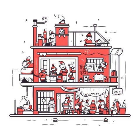 Restaurant with people in line art style. Vector illustration.