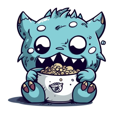 Illustration of a monster with a bowl full of cereals.