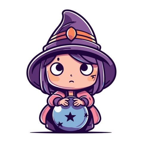 Cute little witch with a magic ball. Vector illustration in cart