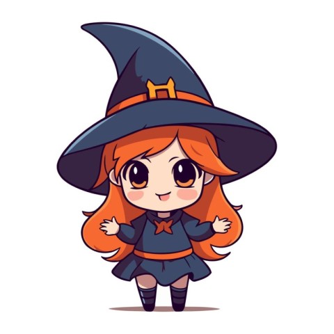 Cute little witch girl with red hair. Halloween vector illustrat