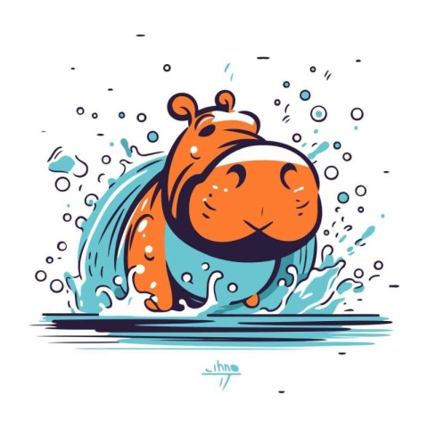 Hippopotamus swimming in the sea. Vector illustration in flat st