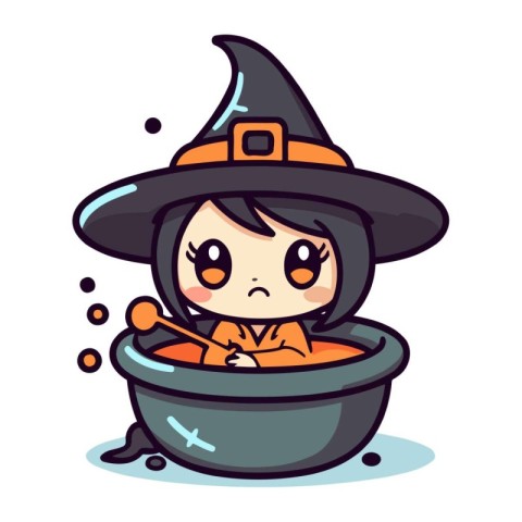 Cute little witch in a pot of potion. Vector illustration.