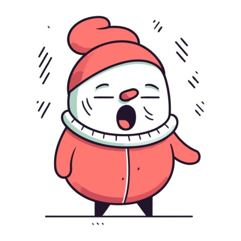 Funny snowman in winter clothes. Vector illustration in flat sty