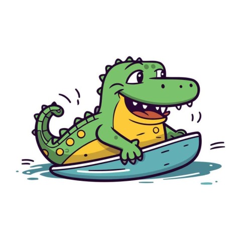 Cute crocodile surfing on surfboard. Cartoon vector illustration