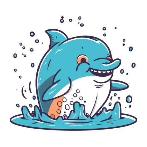 Cute cartoon dolphin with splashes of water. Vector illustration