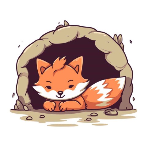 Cute fox in a cave. Vector illustration on white background.