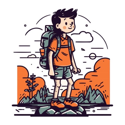 Hiker boy with a backpack. Vector illustration in cartoon style.