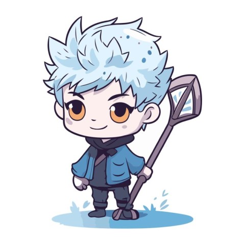 Cute boy with a selfie stick. Vector illustration in cartoon sty