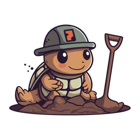 Cartoon turtle digging a hole with a shovel. Vector illustration