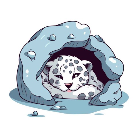 Cartoon vector illustration of a snow leopard sleeping in a cave