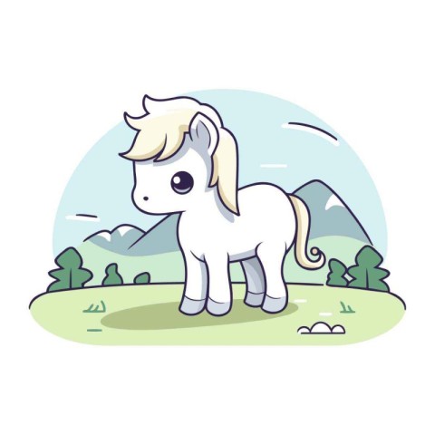 Cute cartoon pony standing on the meadow. Vector illustration.