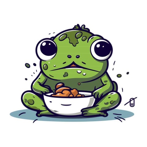 Cute cartoon frog with a bowl of food. Vector illustration.