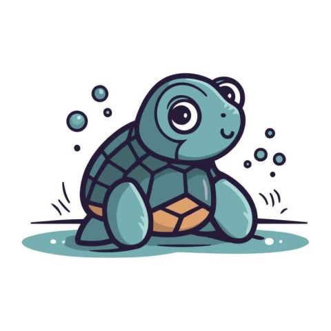 Cute little turtle playing with a ball. Vector illustration in c