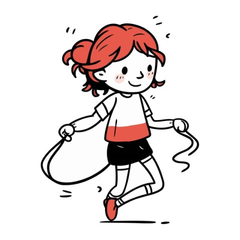 Cute little girl running with skipping rope. Hand drawn vector i