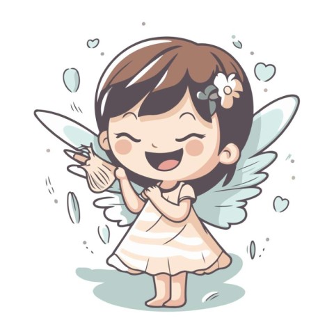 Cute little angel girl with wings and flower. Vector illustratio