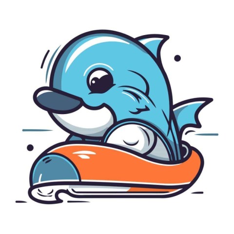 Cute cartoon dolphin riding a water scooter. Vector illustration