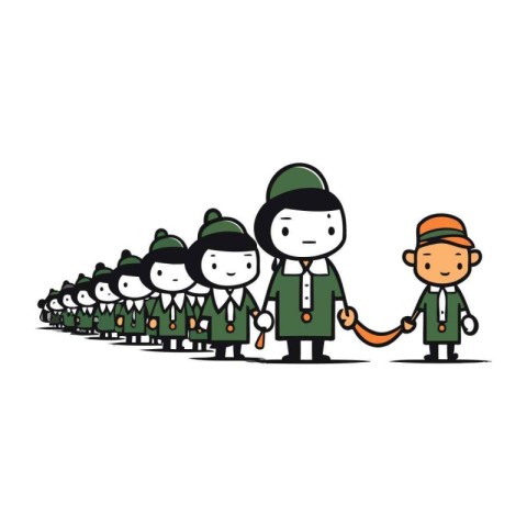 Cartoon soldiers in uniform standing in line. Vector illustratio