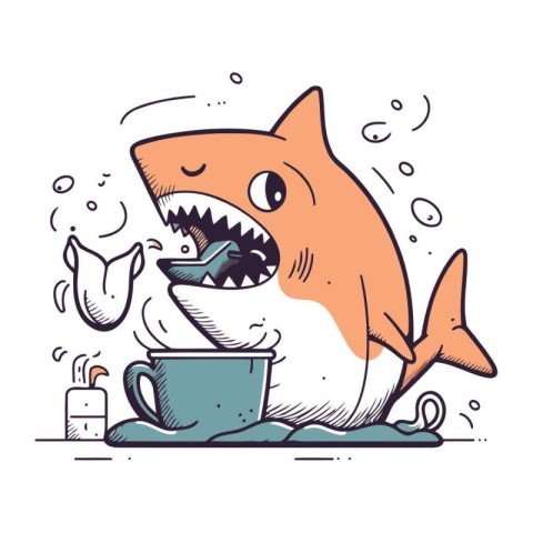 Cute cartoon shark with a cup of coffee. Vector illustration.