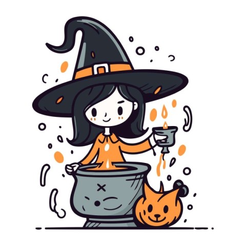 Cute little witch with a pot of potion. Vector illustration.