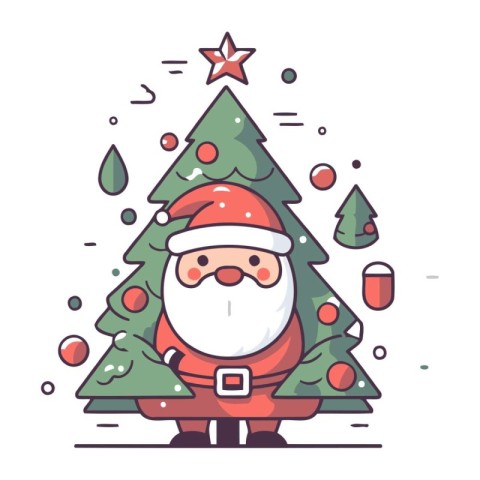 Santa Claus with Christmas tree. Vector illustration in thin lin