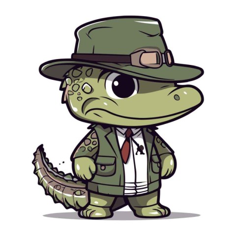 Cute crocodile in a hat and green suit. Vector illustration.