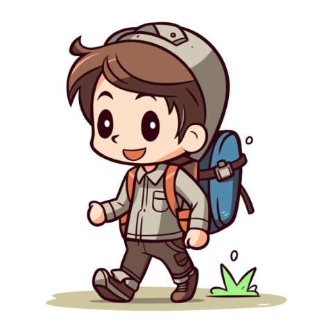 Boy with backpack and hiking equipment. Vector illustration in c