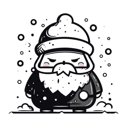 Black and white vector illustration of a bearded santa claus in