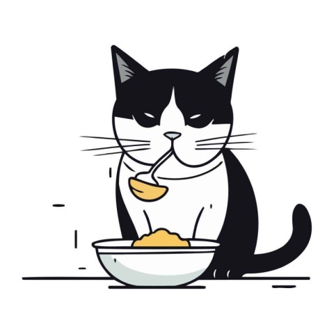 Black and white cat eating food from a bowl. Vector illustration