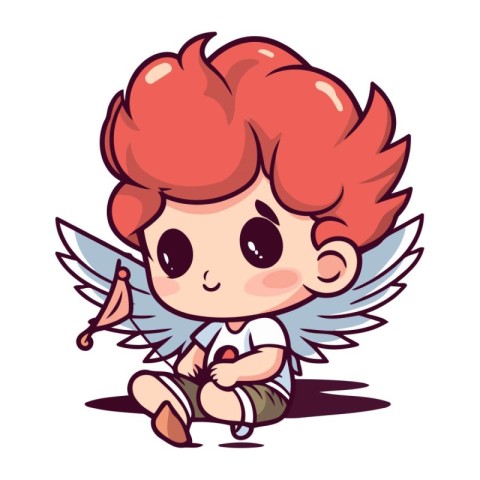 Cute little boy with angel wings and bow. Vector illustration.