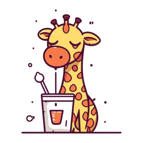 Cute Giraffe drinking juice in a paper cup. Vector illustration.