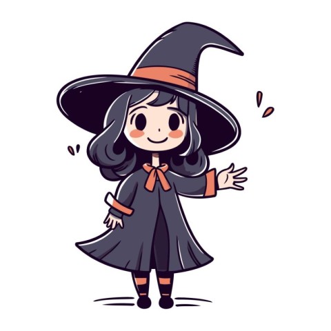 Cute witch girl in black dress and hat. vector illustration.