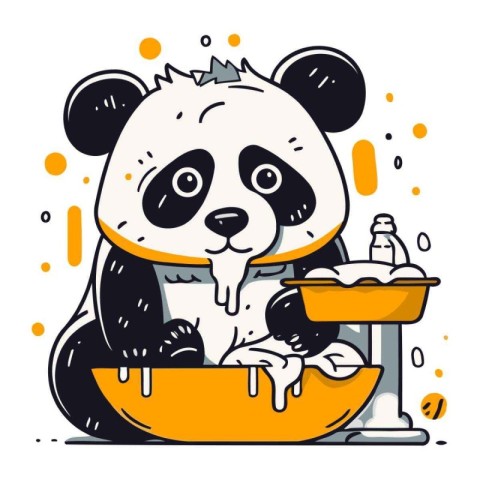 Cute panda character washing in the bathroom. Vector illustratio