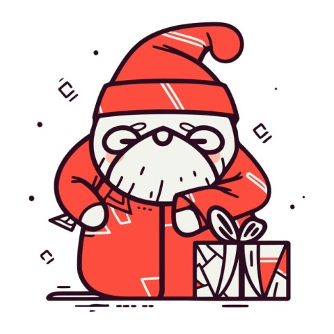 Cute cartoon Santa Claus with gift box. Vector line art illustra