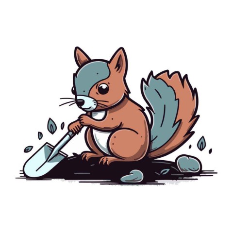 Squirrel with a shovel. Vector illustration on a white backgroun