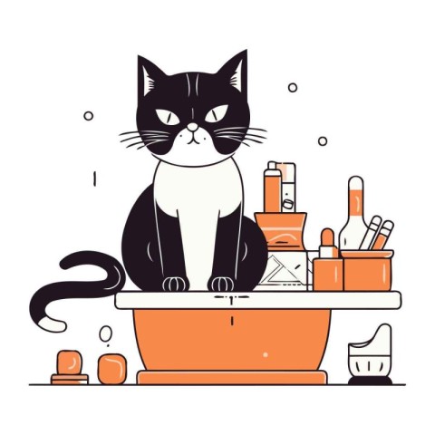 Cute cat in the bathroom. Vector illustration in line art style.