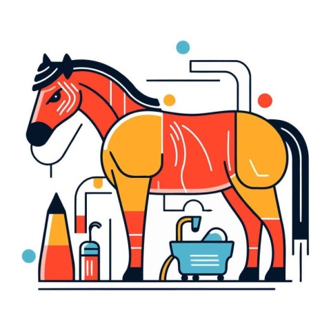 Horse in the bathroom. Vector illustration in flat linear style.