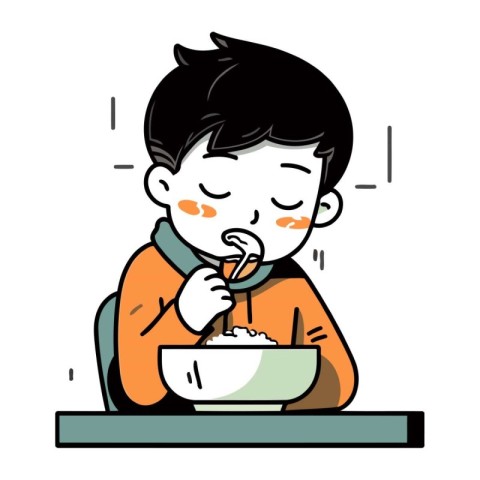 Illustration of a Boy Eating a Bowl of Rice in a Cafe