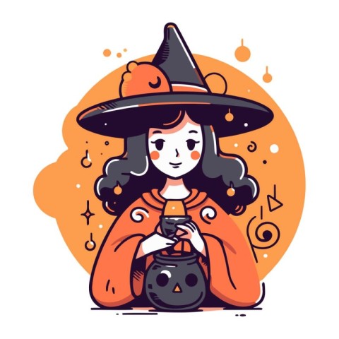 Vector illustration of a cute girl in a witch costume with a pum