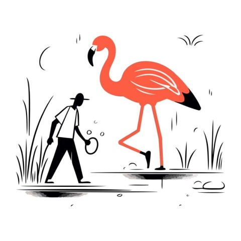 Flamingo and a man in the park. Vector illustration.